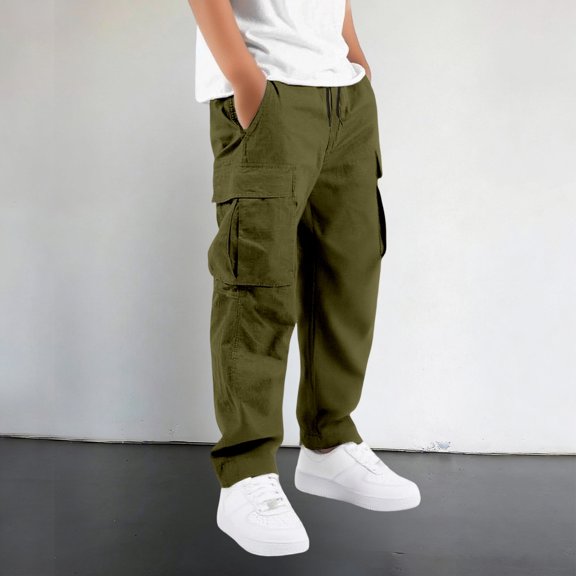 Angala Little Boys Cargo Pants Straight Leg With Pockets Fall Casual Boys Baggy Trousers Size 5-6 Years Army Green
