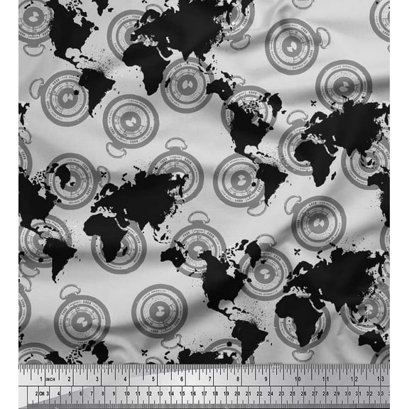 Soimoi Cotton Voile Fabric Direction Compass & World Map Decor Fabric Printed Yard 42 Inch Wide