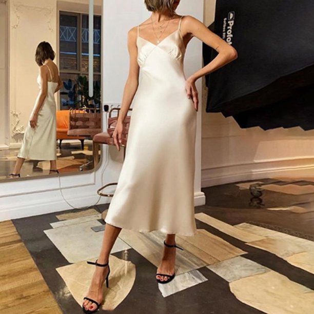 Vestido a media pierna elástico sin mangas con cuello en V profundo y tirantes finos para mujer Abanopi Beige/Extragrande