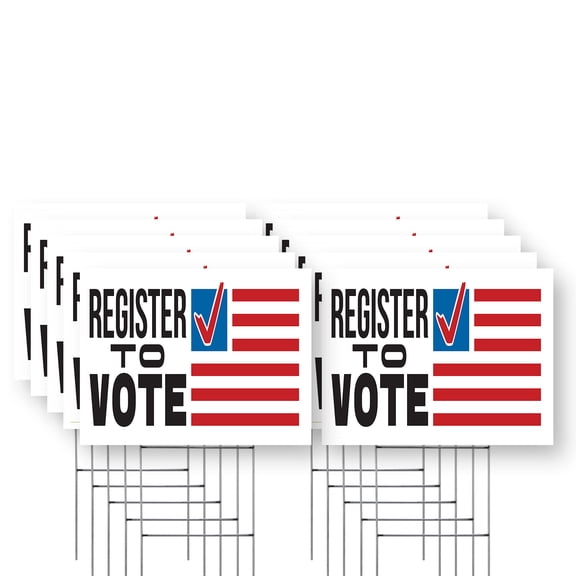 Register to Vote Yard Sign 10 Pack of 12 Inch x 16 Inch Single Sided Weatherproof Heavy-Duty Plastic with Stake | Civic Engagement, Community Events, Clear Messaging | Made in USA