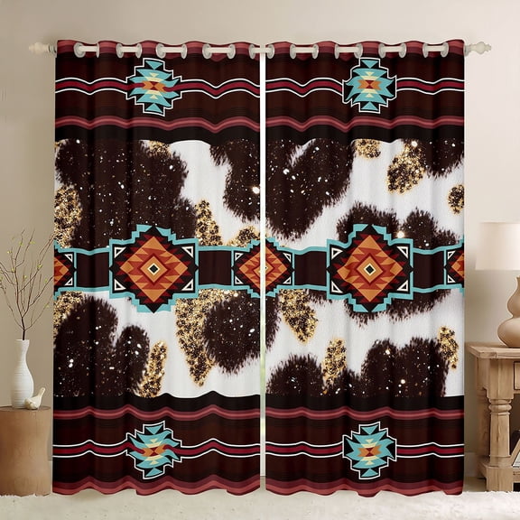 jejeloiu Mondern Aztec Geometric Blackout Curtains Set of 2 (52x84 Each),Rustic Farmhouse Cowhide Window Curtains,Red Abstract Stripes Curtains and Drapes For Men Women,Breathable Home Decor