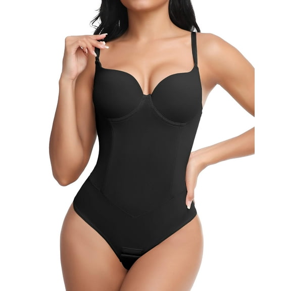 MANIFIQUE Thong Shapewear Bodysuit for Women Tummy Control Slim Body Shaper V Neck Faja with Built-in Bra