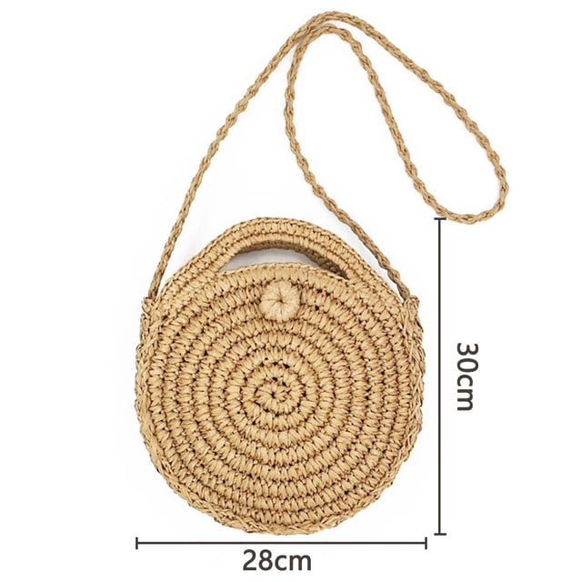 Bolso bandolera de paja redondo para playa - Bolso bandolera de paja de verano con cremallera para mujer