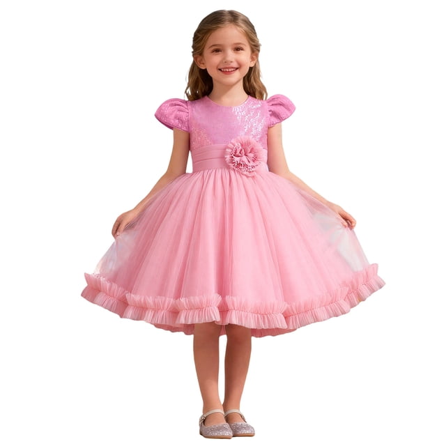 oqasdz Robe pour Filles Robe de Fête Florale Scintillante pour Filles Robe Tutu à Manches Courtes avec Embellissements Pailletés Célébrations