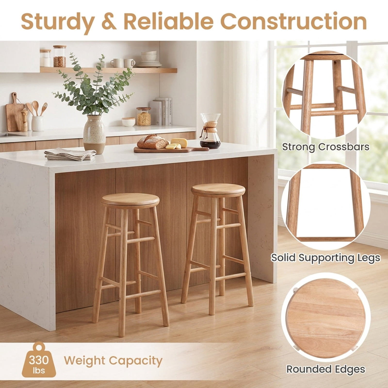 Furnibear 29" Swivel Bar Stools Set of 2 with Footrests & Crossbars for Kitchen Island Counter Bar Pub Dining Home, Natural