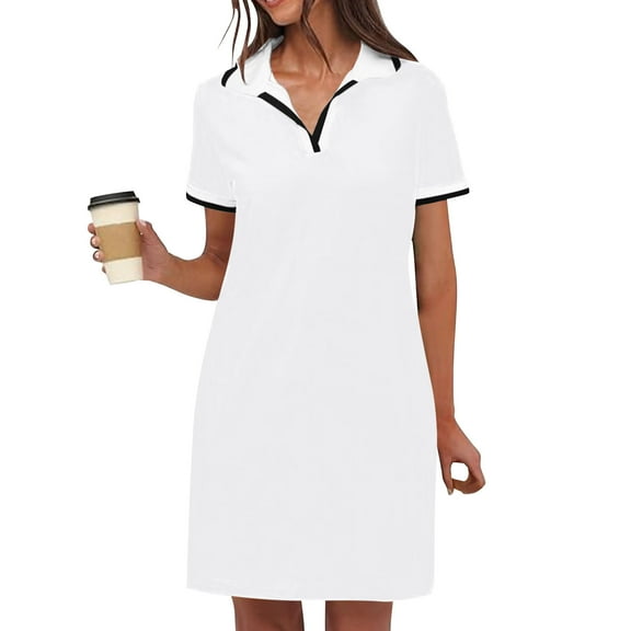 Xdegoge Athletic Dress for Women Relaxed Fit Short Sleeve V-Neck Lapel T Shirt Dress Striped Trim Knee Length Dresses Solid Color Golf