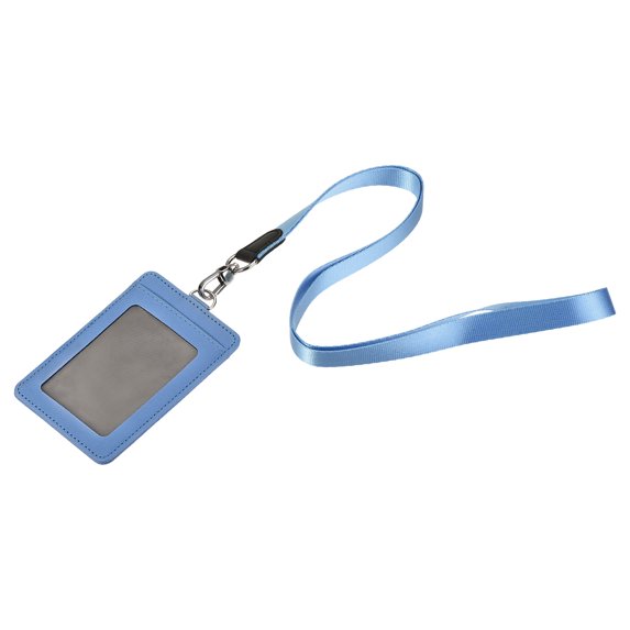 Uxcell 11cm Vertical Badge Holder PU Leather ID Holder Detachable with 2 Slots and Neck Lanyard Blue