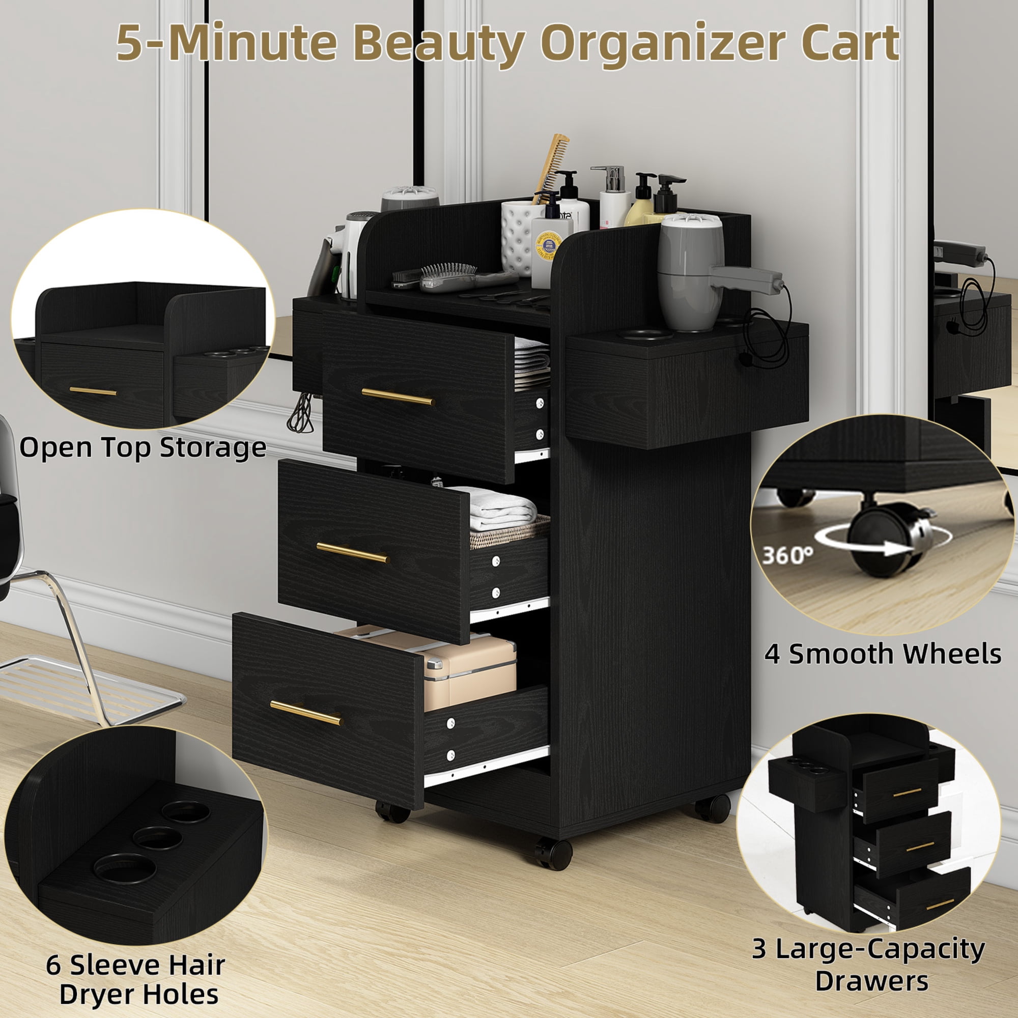 4 EVER WINNER Black & Gold Barber Cabinet with Gold Handles, Rolling Salon Storage Cart for Hair Stylists, 3 Drawers & 6 Hair Dryer Holders, Durable Engineered Wood Mobile Station for Salon Spa Home