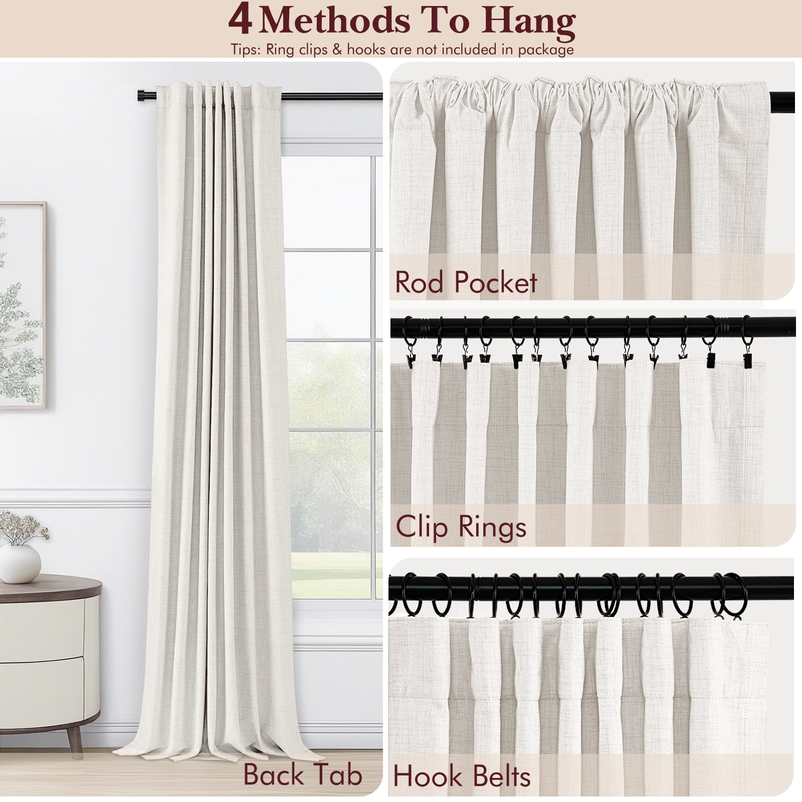 100% Blackout Curtains,50"Wx96"L Faux Linen Textured Back Tab/Rod Pocket Curtain,2 Panels Set,Thermal Insulated Curtains for Livingroom,Beige