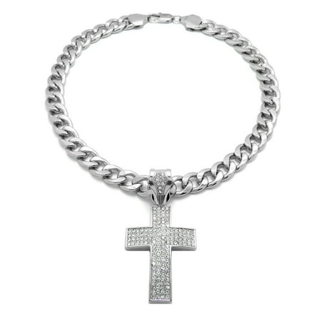 Stone Filled Cross Pendant 11mm 18", 20", 24" Cuban Chain Necklace