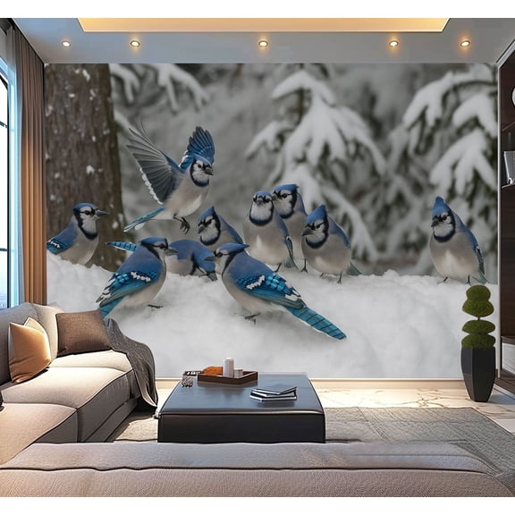 Peel and Stick Wallpaper Waterproof blue jays snow winter wilderness magic scenery Wall Mural Decor Self Adhesive and Removable 100in x 144in