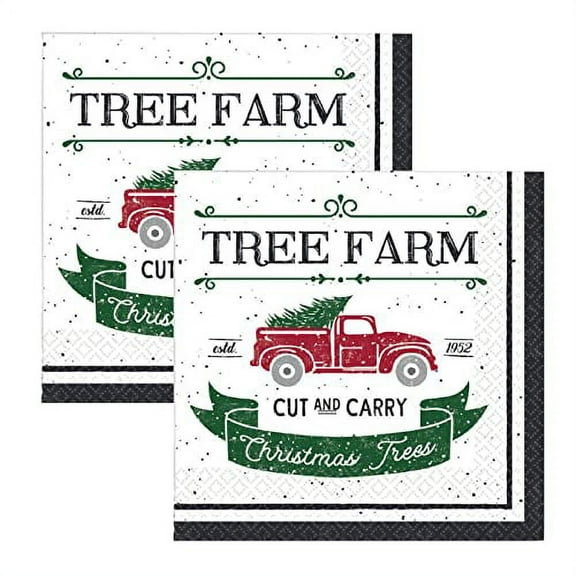 Farmhouse Christmas Napkins Bundle: Christmas Tree Farm Paper Luncheon Napkins with Vintage Red Truck Design - 2 Packs of 16