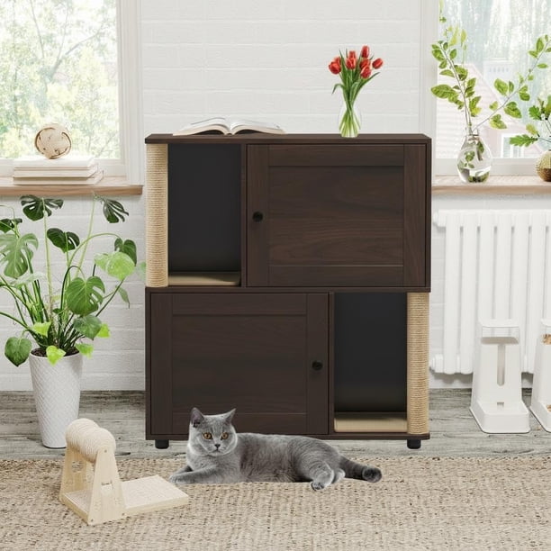Garvee mueble de madera para 2 gatos con doble espacio para caja de arena, postes rascadores integrados y compartimentos ocultos, ideal para interiores