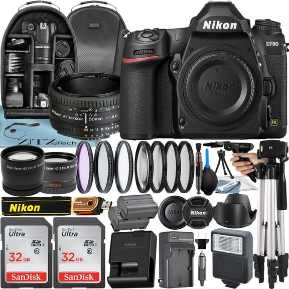 Nikon D780 DSLR Camera with AF NIKKOR 50mm f/1.8D Lens 32GB Card Case Telephoto Tripod ZeeTech Accessory Bundle (International Version)