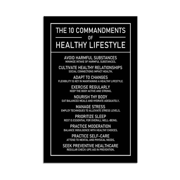 Healthy Lifestyle Rules Motivational Poster, 10 Commandments for Well-Being Canvas Wall Art, Inspirational Quote Print for Modern Home Office and Living Room