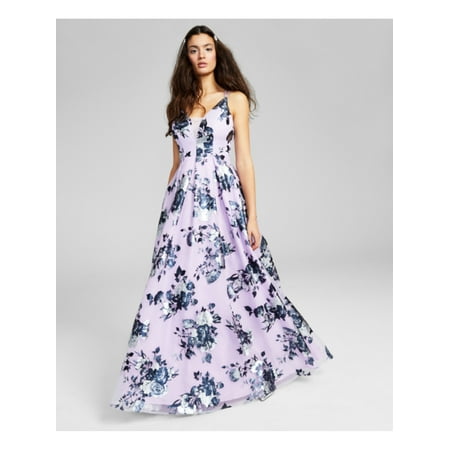 

CRYSTAL DOLLS Womens Purple Zippered Pocketed Sheer Metallic Crisscross Back Floral Spaghetti Strap V Neck Full-Length Evening Gown Dress Juniors 0