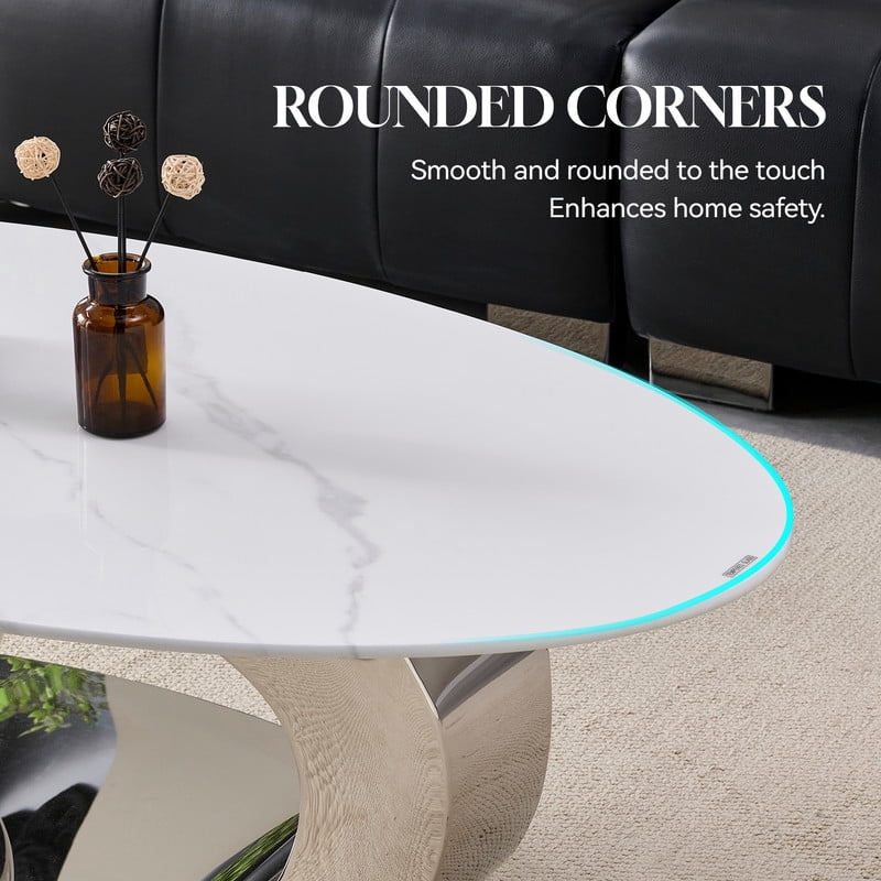 51.2-Inch Oval Faux Marble Top Center Coffee Table, Living Room End Table with C-Shaped Stainless Steel Base