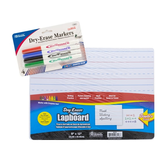 BAZIC Dry Erase Lap Board   4 Color Marker, Double Sided Whiteboard Primary Ruled Lined & Blank, 1-Pack