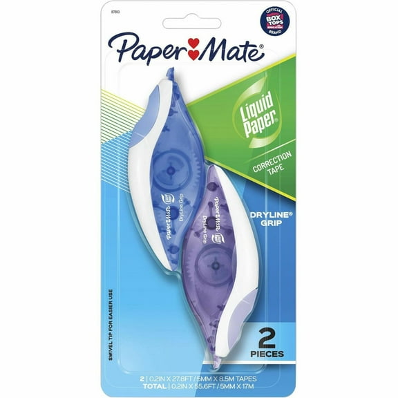 Paper Mate Translucent Dryline Grip Correction Tape 0.20" Width x 27.89 ft Length - 1 Line(s) - White Tape - Ergonomic Assorted Dispenser - Break Resistant, Tear Resistant - 2 / Pack - Assorted