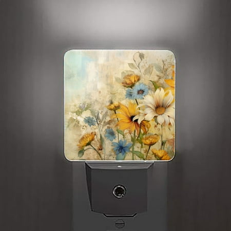 

Night Lights Lamp With Dusk To Dawn Sensor Vintage Style Floral Yellow Watercolor Sunflower On Retro Old Paper Drawing Night Lights Plug Into Wall For Kids Room Bedroom Bathroom Hallway