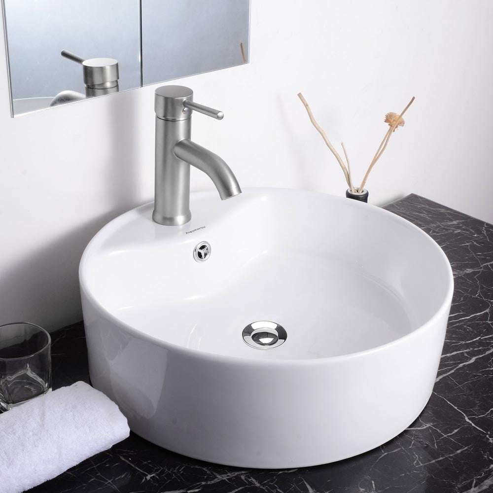 Aquaterior Round Porcelain Bathroom Vessel Sink Bowl Basin Ceramic W Chrome Drain Overflow White