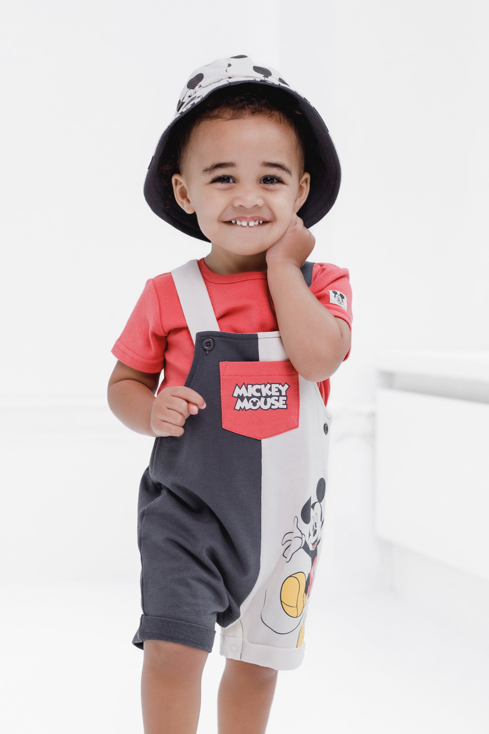 Disney Mickey Mouse Baby Boys' Tee and Shortall Set with Bucket Hat Mickey Mouse Grey Red