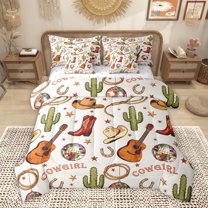 Homewish Cartoon Western Cactus Twin Bedding Sets 7-Piece for Teen, Folk Country Music Bedding Comforter Set, Cowgirl Boot Reversible Sheet Sets, Ultra Soft Bedroom Decor