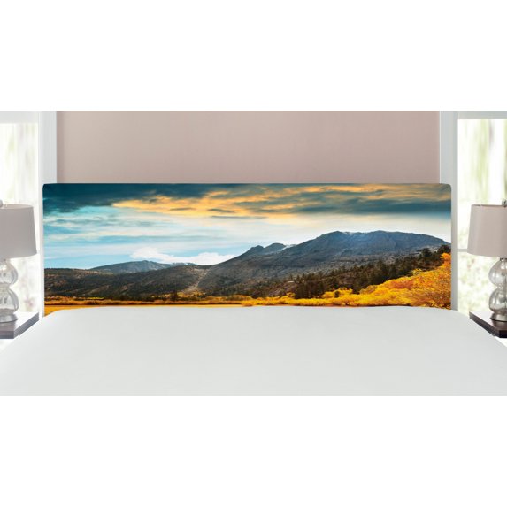 Woodland Headboard, Autumn in Mountain Yellow Colored Grassland Sun Rays Clouds Cloudscape, Upholstered Decorative Metal Bed Headboard with Memory Foam, King Size, Earth Yellow Bluegrey, by Ambesonne