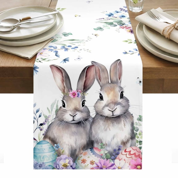 Bunny Easter Table Runner - 108 Inch Long, Kitchen Dining Table Runner Dresser Scarves, Eucalyptus Leaves Spring Floral Eggs Weeping Farmhouse Decor for Coffee Tables Wedding Party Banquet