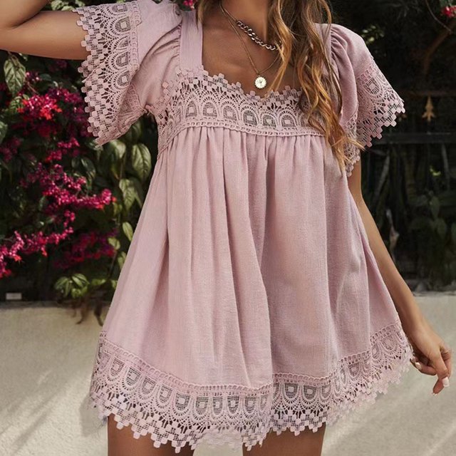 Blusa De Encaje Con Mangas Abullonadas, Camisa De Cuello Cuadrado Transpirable De Poliéster Suelto De Ganchillo Para Vacaciones ANGGREK Cocina, Decoración y Otros