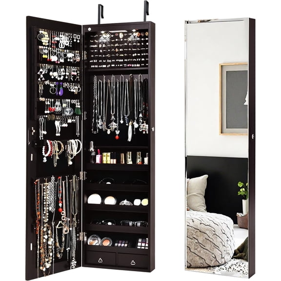 HOMGX LED Mirror Jewelry Cabinet, 47.5” Wall or Door Mounted Makeup Storage Organizer w/Full Length Mirror & 2 Drawers & Large Storage Space, Lockable Jewelry Armoire Organizer (Brown)