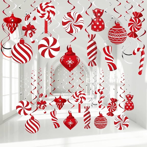 26 PCS Christmas Candy Hanging Swirls Decorations Pre-Strung Candy Cane Peppermint Hanging Streamers Red White Lollipop Ceiling Swirl Decor for Xmas Holiday Party Home