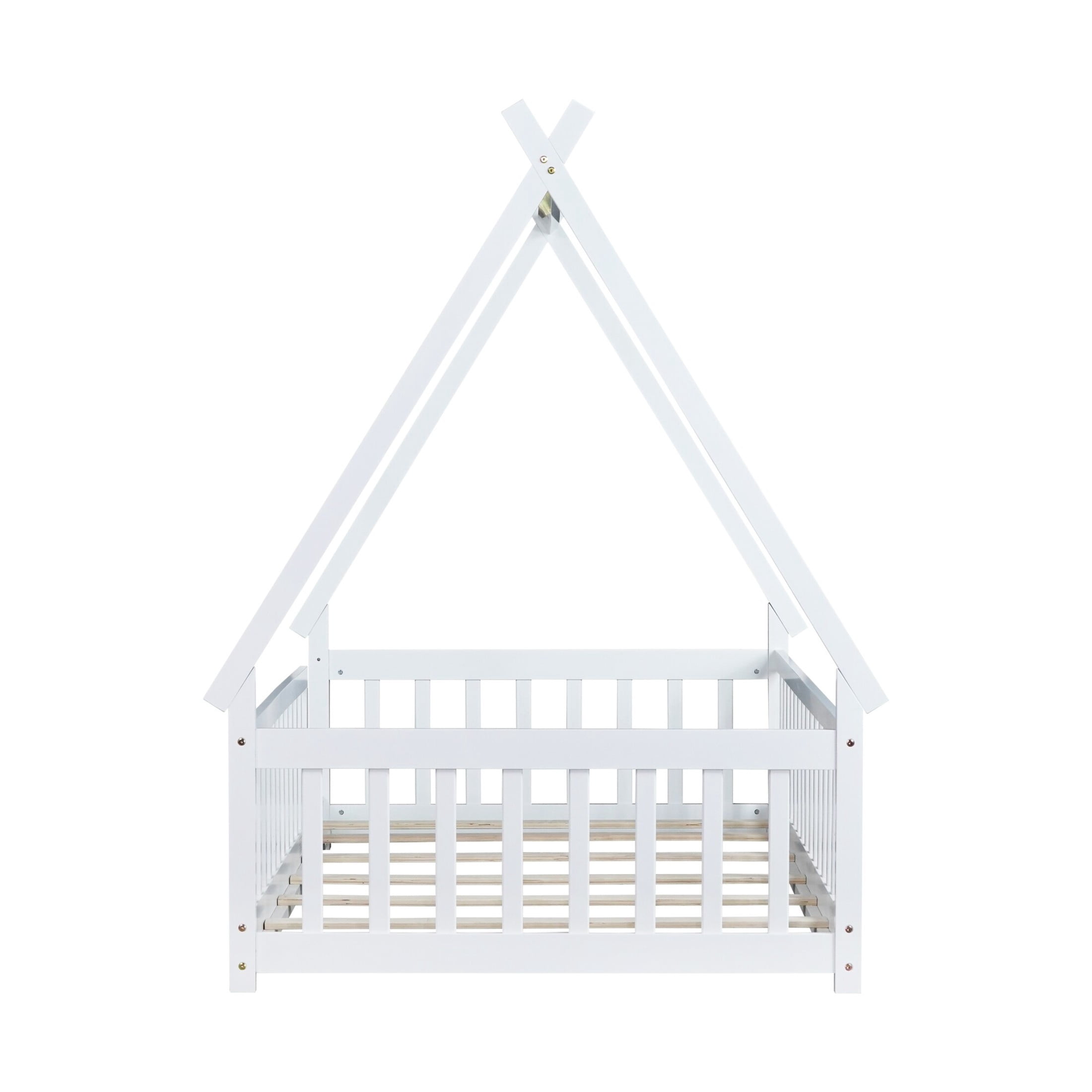 Noble House Misty Twin Teepee Floor Bed with Safety Fence, Solid Rubber Wood Tent Bed, Kid's Room, White