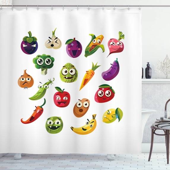 Emoji Shower Curtain, Fruits and Vegetables Carrot Banana Pepper Onion Garlic Food Cartoon Style Symbols, Fabric Bathroom Set with Hooks, 69W X 84L Inches Extra Long, Multicolor, by Ambesonne