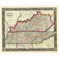 Historic State Map - Kentucky Tennessee Counties - Mitchell 1860 - 23 x 28.33 - Vintage Wall Art
