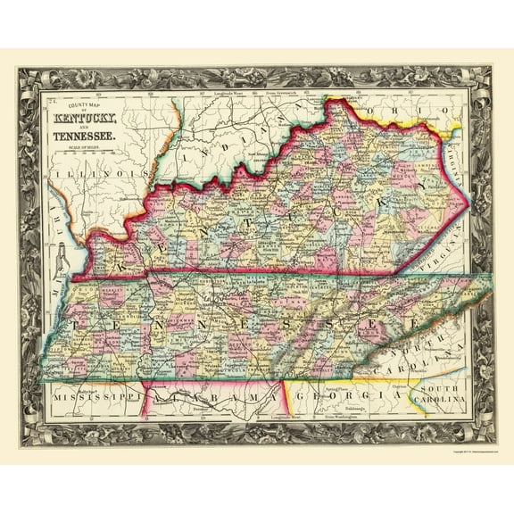 Historic State Map - Kentucky Tennessee Counties - Mitchell 1860 - 23 x 28.33 - Vintage Wall Art