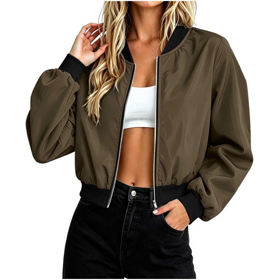 Bosfbaoi Jackets for Women Rib Knit Baseball Collar Full Zip Water Resistant Windproof Cropped Bomber Flight Jacket with Side Hand Pockets