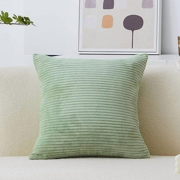 Pillow Cover Euro Sham Spring Pillow Cover 26 x 26 Solid Plush Corduroy Striped Square Cushion Cover Decorative for Living Room St Patricks Day Decor, 26x26 inches (66cm), Sage Green.