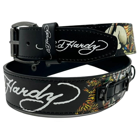 Ed Hardy Men's Skull Tiger Print Black Belt With Rivet Studs & D-Rings (34, Black)