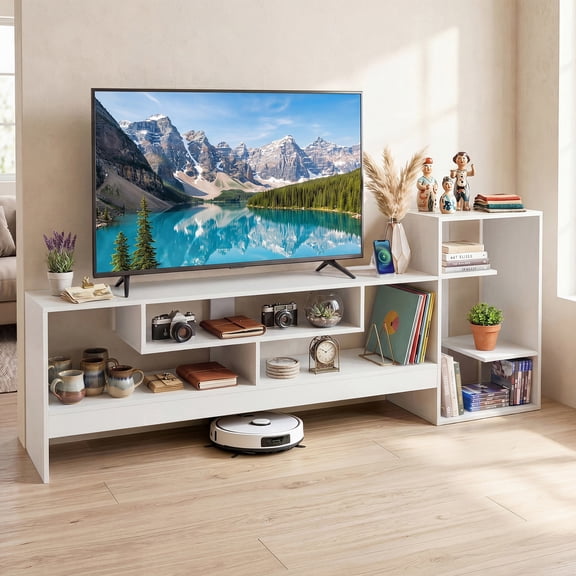 Costway Entertainment Center with Power Outlets & Open Storage Shelves for 55 Inch TV White