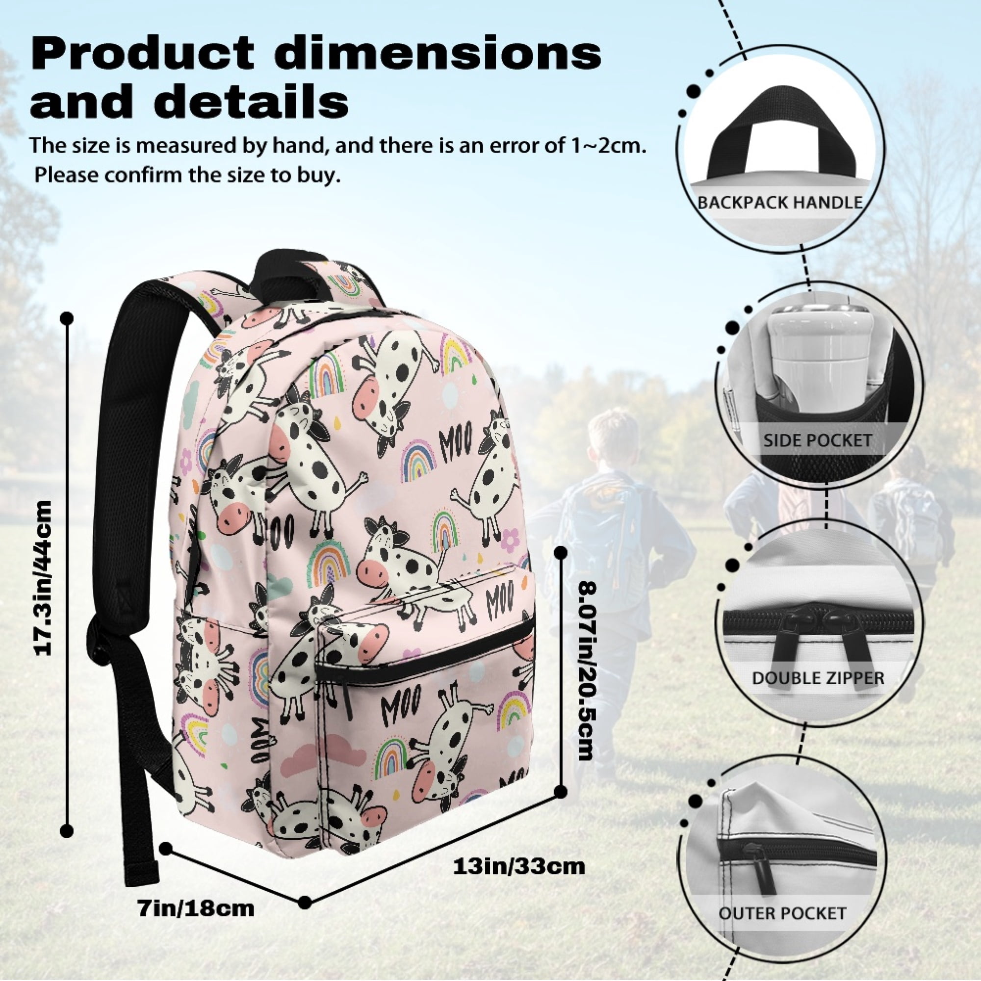 Uourmeti Cute Daily Backpack with Cow Rainbow Moo Design - Great for School Campus and Outdoor Travel