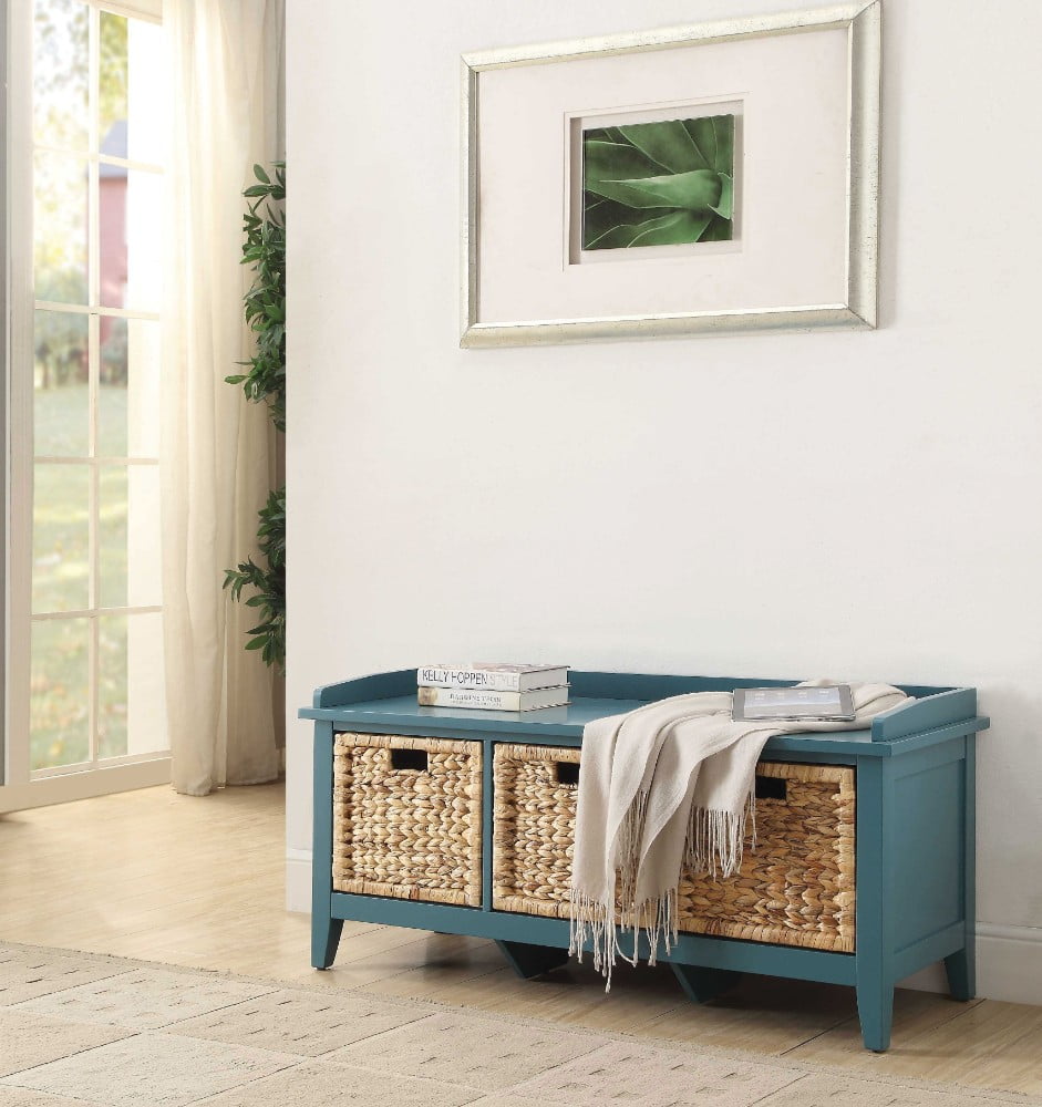 Rectangular Wooden Bench with Storage Basket, Blue