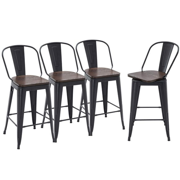 HAOBO Home Swivel Metal Barstools High Back Counter Bar Stools Set of 4 (Matte Black with Wooden Seat, Swivel 26 inch)