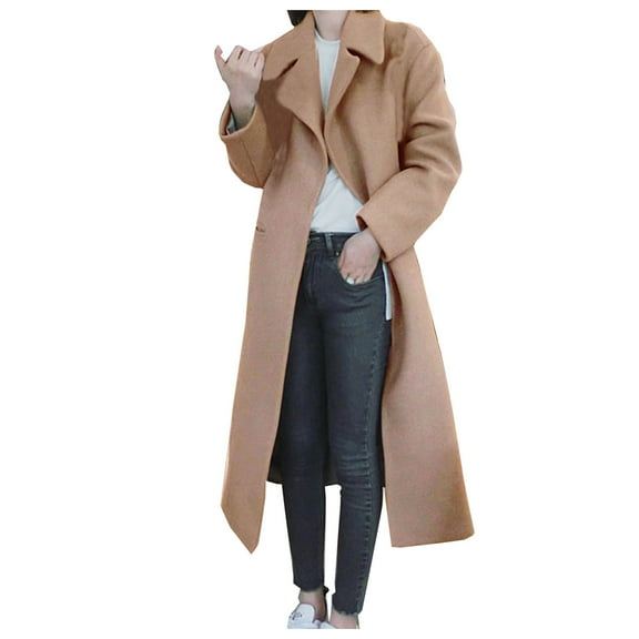 Hueook overcoat women Plus Size Solid Color Overcoat- Solid Turndown Collar Button-Down Peacoat Long Sleeve Elegant Slim Long Peacoat Outerwear