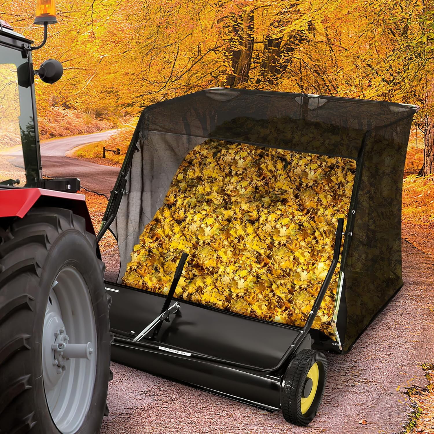Tow Behind Lawn Sweeper 52", Pull Behind Lawn Sweeper, 27 cu. ft Large Capacity Leaf & Grass Collector, with Adjustable Sweeping Height and Dumping Rope Design for Picking Up Debris and Grass