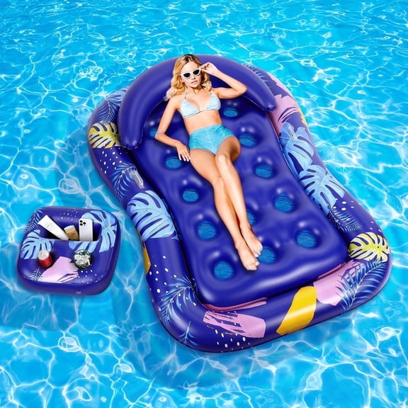 MoKo Pool Floats Loungers for Adults with Removable Cup Holders and Head Rest, Tanning Bed for Pool Lake Travel Beach, Blue