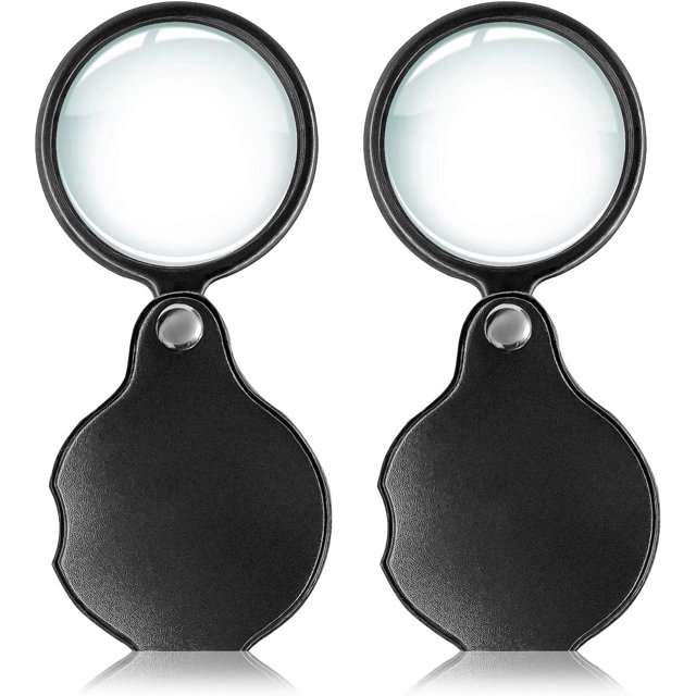 2pcs 5x Small Pocket Magnify Glass Premium Folding Mini Magnifying Glass with Rotating Protective Leather Sheath, Apply to Reading, Science, Jewelry, Hobbies, Books, 1.96in