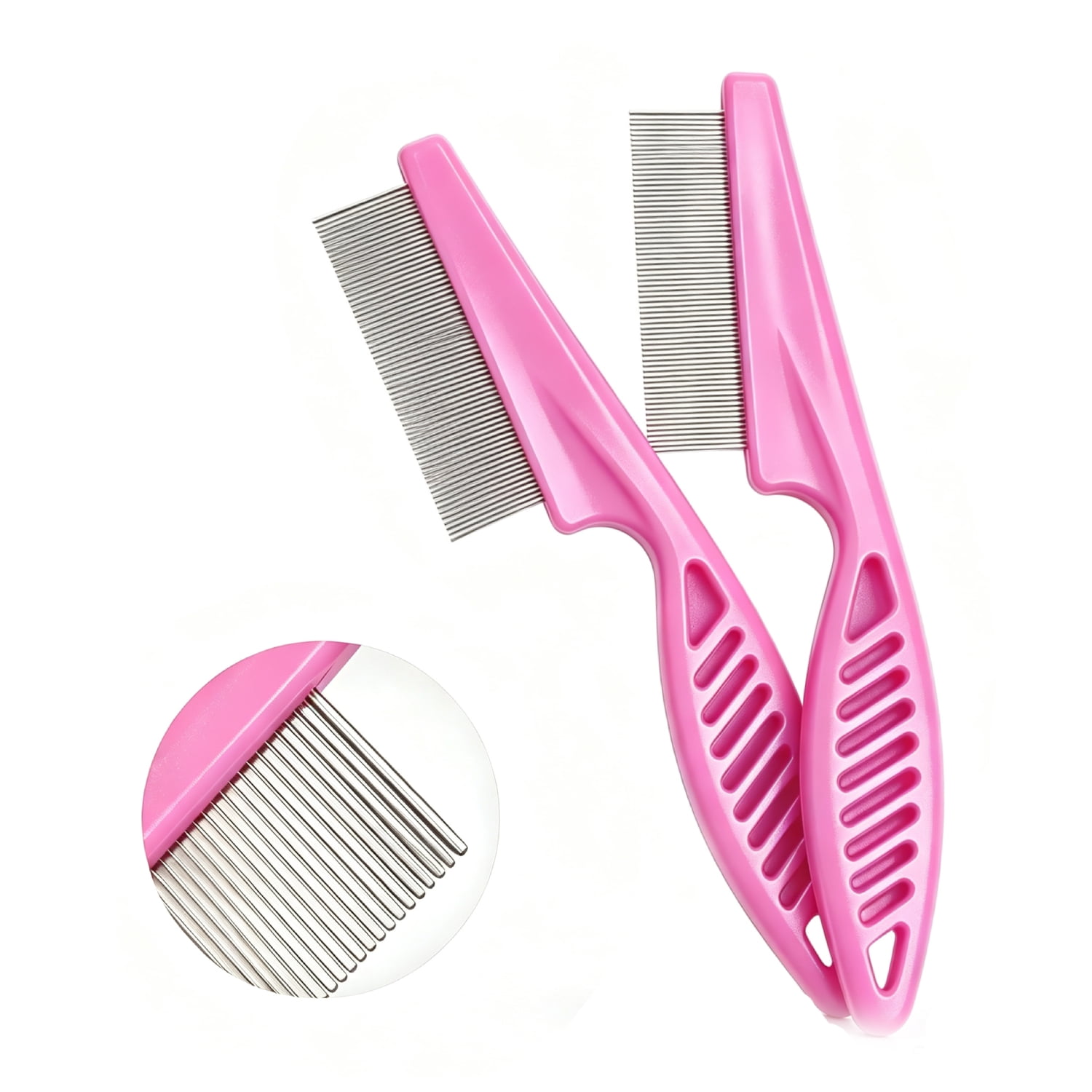 2 Pack Flea Comb for Dogs and Cats, Stainless Steel Lice Tick Remover, Large & Small Fine Tooth Metal Pet Grooming Comb（Pink）