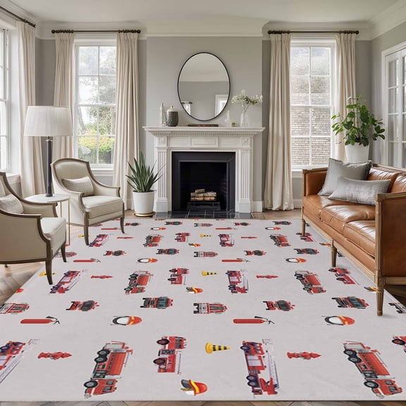 Large Area Rugs for Living Room Bedroom, Cartoon Car 8'x10' Rug Washable Carpet Runner Indoor Outdoor, Funny Red Black Fire Truck Print Vintage Non Slip Floor Mats Rug for Kitchen, Patio