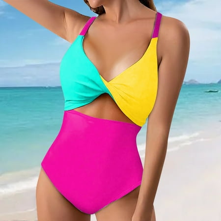 IDALL One Piece Swimsuit Women Bikini Sets Ladies  Contrast Chest Pad Beauty Back Chest Design Fashion Piece Swimsuit Bathing Suit Womens Swimwear Hot Pink XL